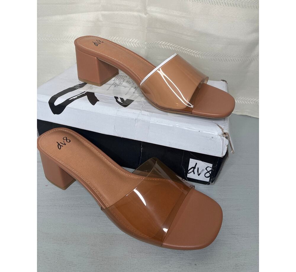 Open Toe Slide Sandals Clear Strap Block Heel Honey Womens Size 10M